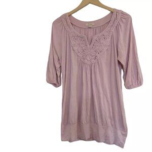 Dusty Pink L Top Textured Lace Collar Elastic Hem Short Puff Sleeves